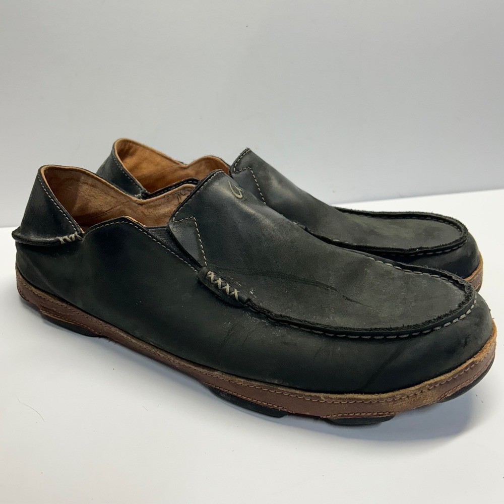 OluKai Moloa Slip-On Shoes Black Mens 14 Leather Casual Loafers 10128-4033
